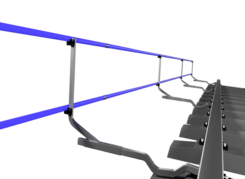 Blue temporary edge protection magnetic handrail system mounted on a metal rail track