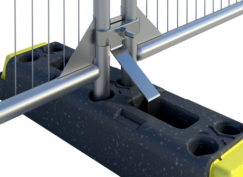 Galvanised steel fence clamp bracket for securing temporary mesh panels for anti theft installed onto temporary fencing with a rubber footing